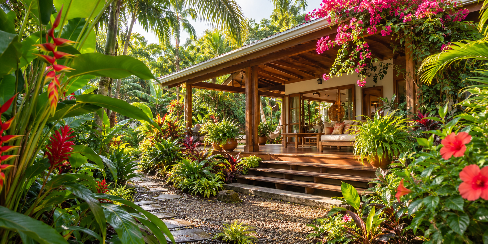 Casa tropical rodeada de flores y vegetación del Caribe Sur